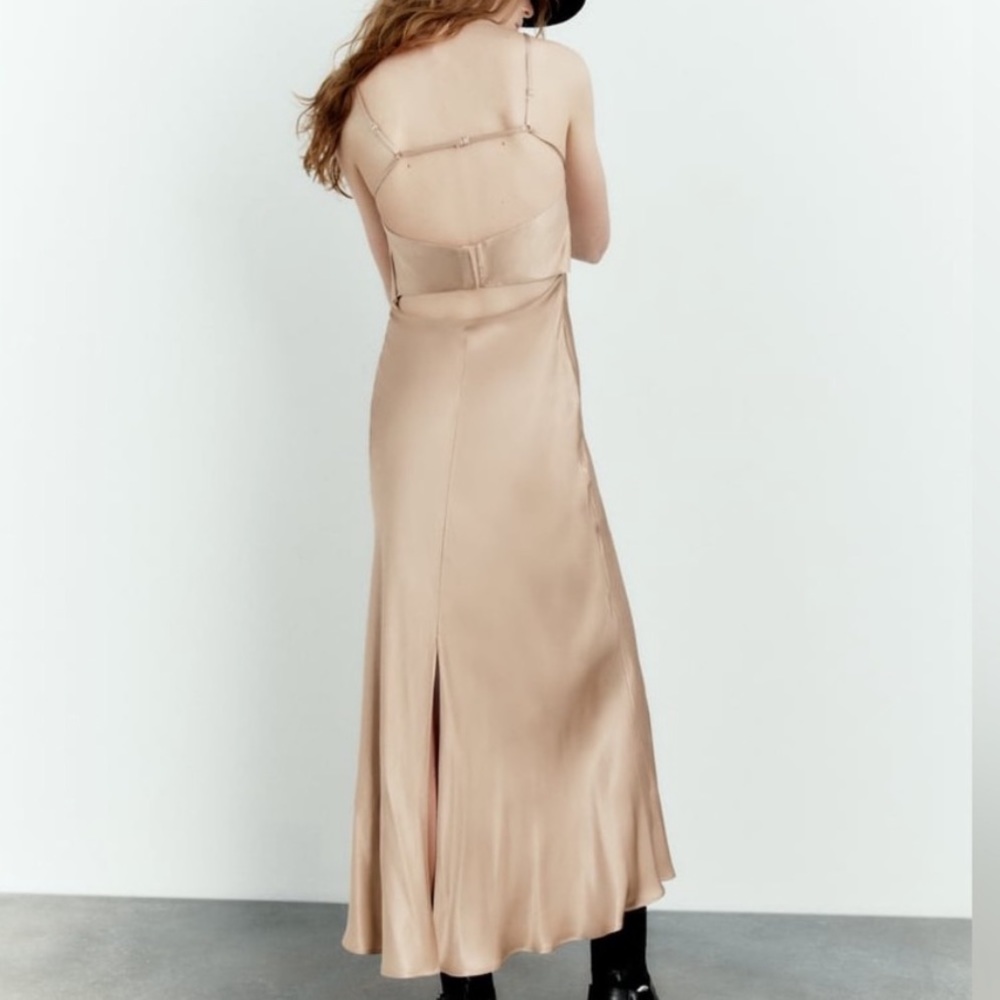 Zara Beige Satin Slip Dress - Picture 4 of 8